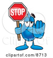 Clipart Picture Of A Water Drop Mascot Cartoon Character Holding A Stop Sign