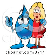 Water Drop Mascot Cartoon Character Talking To A Pretty Blond Woman