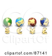 3d Golden Currency Symbols In Front Of Globes