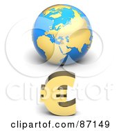 3d Golden Euro Symbol In Front Of A Blue European Globe
