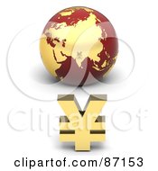 3d Golden Yen Symbol In Front Of A Red Globe