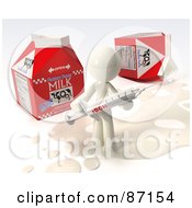 3d White Man Standing In Milk By Cartons Holding A Rbgh Injection Syringe
