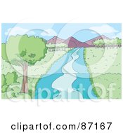 Royalty Free RF Clipart Illustration Of A Blue Stream Running Through A Meadow With Mountains In The Distance