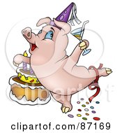 Royalty Free RF Clipart Illustration Of A Birthday Pig Dancing By A Cake