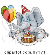 Poster, Art Print Of Birthday Elephant Sitting By A Cake And Holding Balloons