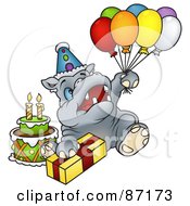 Poster, Art Print Of Irthday Hippo Holding Balloons And Sitting With A Present And Cake