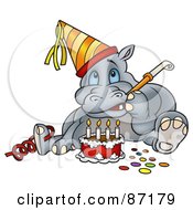 Poster, Art Print Of Birthday Hippo Sitting By A Cake And Using A Noise Maker