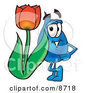 Clipart Picture Of A Water Drop Mascot Cartoon Character With A Red Tulip Flower In The Spring by Toons4Biz