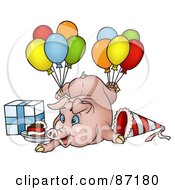 Poster, Art Print Of Birthday Pig With Balloons A Present And Slice Of Cake