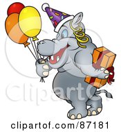 Poster, Art Print Of Birthday Hippo Carrying A Gift And Balloons