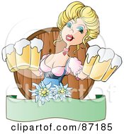 Royalty Free RF Clipart Illustration Of A Pretty Blond Bavarian Woman Serving Frothy Beers Over A Blank Banner by Holger Bogen
