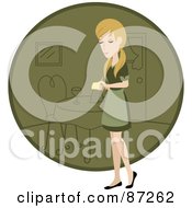 Blond Waitress Woman Standing By A Green Circle With A Table