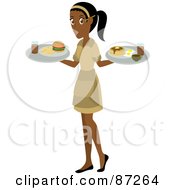 Indian Waitress Woman Serving A Burger And Pancakes And Eggs
