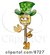 Broom Mascot Cartoon Character Wearing A Saint Patricks Day Hat With A Clover On It