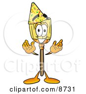 Clipart Picture Of A Broom Mascot Cartoon Character Wearing A Birthday Party Hat by Toons4Biz