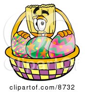 Broom Mascot Cartoon Character In An Easter Basket Full Of Decorated Easter Eggs