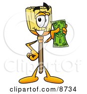 Broom Mascot Cartoon Character Holding A Dollar Bill