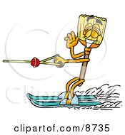 Broom Mascot Cartoon Character Waving While Water Skiing