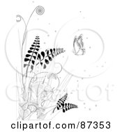 Black And White Line Drawn Floral Scene Of Butterflies And Ferns