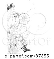 Black And White Line Drawn Floral Scene Of Flowers And Plants