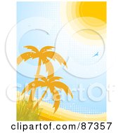 Poster, Art Print Of Vertical Tropical Landscape Scene Of The Sun Over Palm Trees And Halftone
