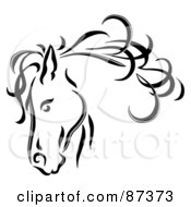 Royalty Free RF Clipart Illustration Of A Black Line Art Horse Head With A Blowing Mane by C Charley-Franzwa #COLLC87373-0078