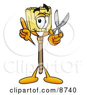 Broom Mascot Cartoon Character Holding A Pair Of Scissors