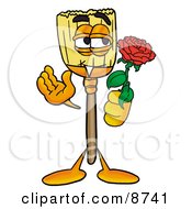 Broom Mascot Cartoon Character Holding A Red Rose On Valentines Day
