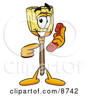 Broom Mascot Cartoon Character Holding A Telephone