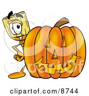 Clipart Picture Of A Broom Mascot Cartoon Character With A Carved Halloween Pumpkin