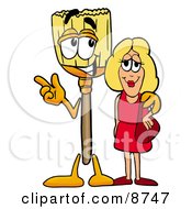 Broom Mascot Cartoon Character Talking To A Pretty Blond Woman