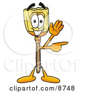 Broom Mascot Cartoon Character Waving And Pointing by Mascot Junction