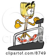 Broom Mascot Cartoon Character Walking On A Treadmill In A Fitness Gym