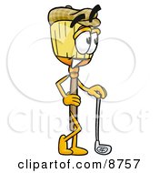 Broom Mascot Cartoon Character Leaning On A Golf Club While Golfing