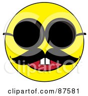 Poster, Art Print Of Happy Yellow Emoticon Face With A Mustache Wearing Sunglasses
