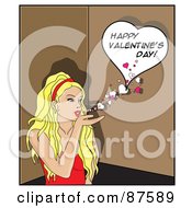 Poster, Art Print Of Flirty Blond Woman Blowing Hearts And Kisses With A Happy Valentines Day Heart