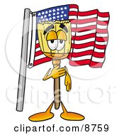 Broom Mascot Cartoon Character Pledging Allegiance To An American Flag
