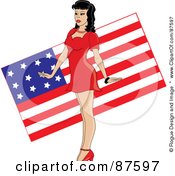 Poster, Art Print Of Sexy Pinup Woman In A Red Dress Standing In Front Of An American Flag