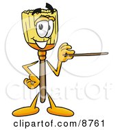 Broom Mascot Cartoon Character Holding A Pointer Stick