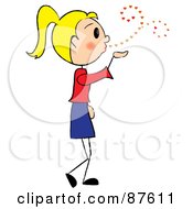 Poster, Art Print Of Sweet Blond Stick Girl Blowing Heart Kisses