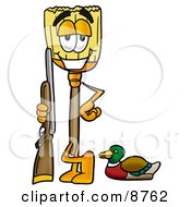 Broom Mascot Cartoon Character Duck Hunting Standing With A Rifle And Duck