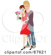 Romantic Caucasian Man Standing Behind His Wife And Surprising Her With A Bouquet Of Colorful Roses