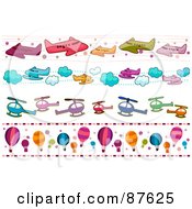 Royalty Free RF Clipart Illustration Of A Digital Collage Of Airplane Helicopter And Hot Air Balloon Borders