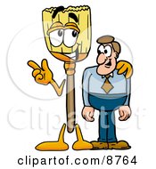Broom Mascot Cartoon Character Talking To A Business Man