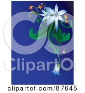 Poster, Art Print Of Blue Background With Blue Flowers Green Foliage And Berries