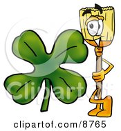 Poster, Art Print Of Broom Mascot Cartoon Character With A Green Four Leaf Clover On St Paddys Or St Patricks Day