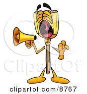 Broom Mascot Cartoon Character Screaming Into A Megaphone