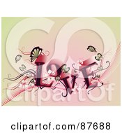 Royalty Free RF Clipart Illustration Of The Word Love On Waves With Vines Flowers And Butterflies Over Pink by BNP Design Studio