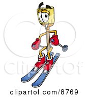 Broom Mascot Cartoon Character Skiing Downhill