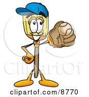 Broom Mascot Cartoon Character Catching A Baseball With A Glove
